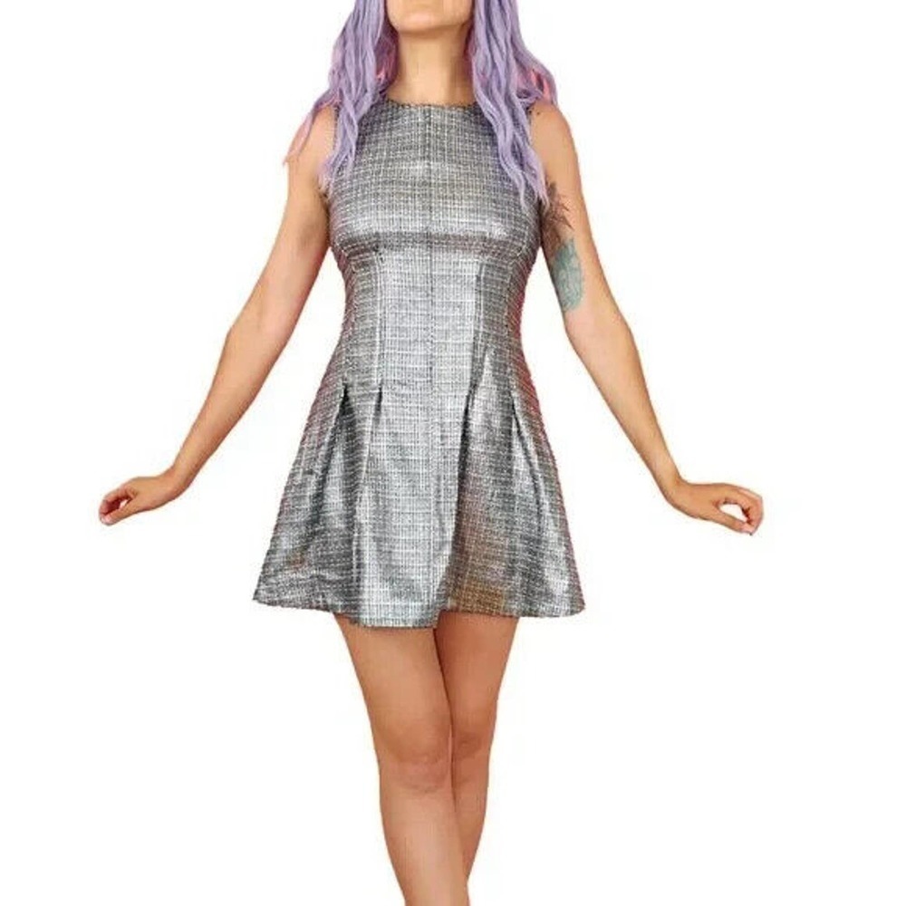 Topshop Silver Metallic Seam Flared Tweed Shift Mini Dress Women's Size 8